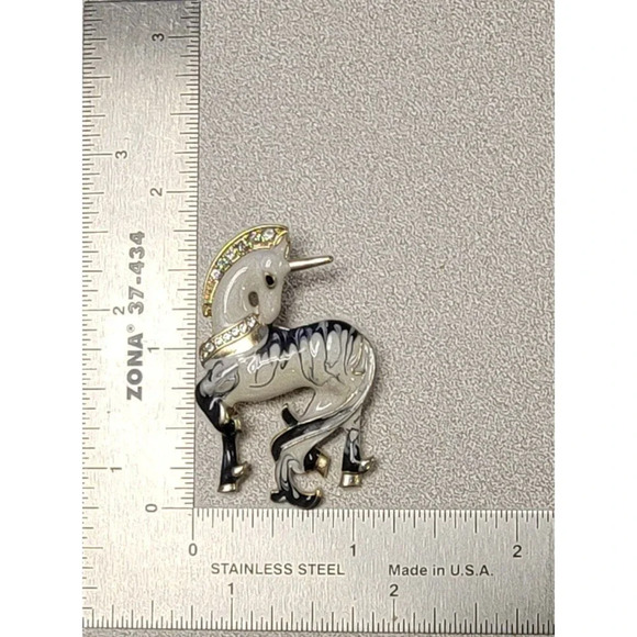 Enameled Unicorn Brooch Pin with Rhinestones – Whimsical & Sparkly Accent - Picture 2 of 2